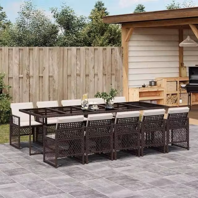 Berkfield Home 11 Piece Brown Poly Rattan Garden Dining Set with Cushions and Glass Tabletop