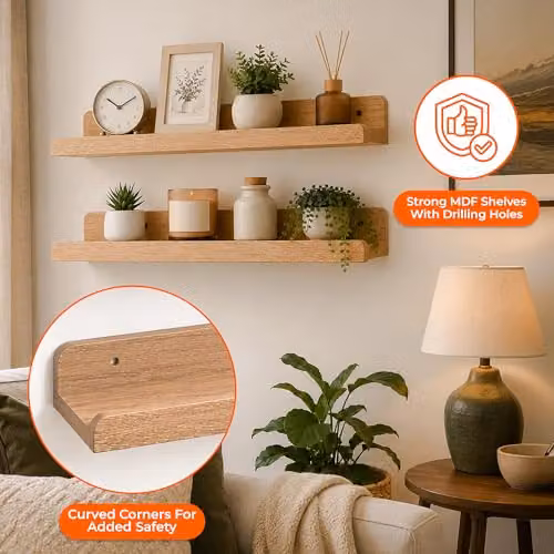 Innoteck Set of 2 U-Shaped Wooden Floating Wall Shelves, Oak, 60 cm – 3