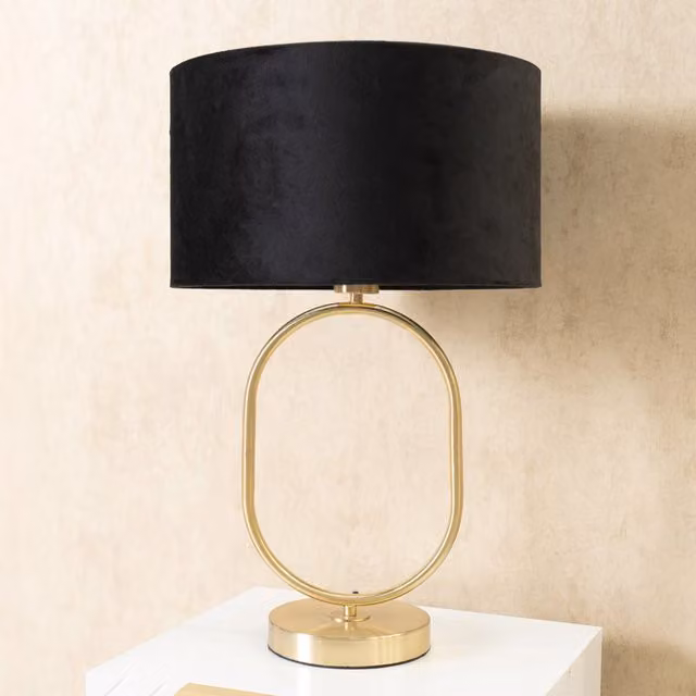 Antonia Brushed Gold Oval Table Lamp with Black Velvet Drum Shade