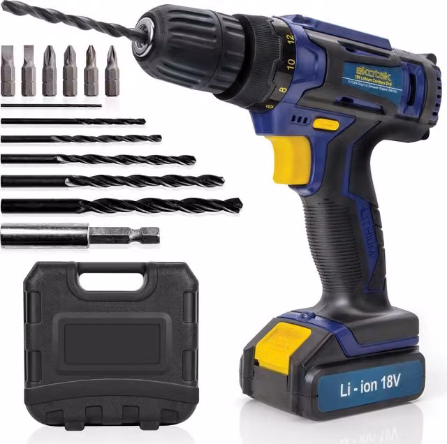 Skotek 18V Cordless Drill Set with Rechargeable Battery, Charger and 13-Piece Kit in Blue – 7