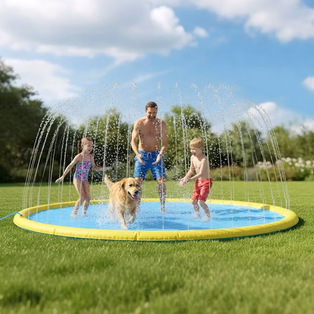 Skylos Blue and Yellow Square Splash Pad Sprinkler Water Play Mat with Spray