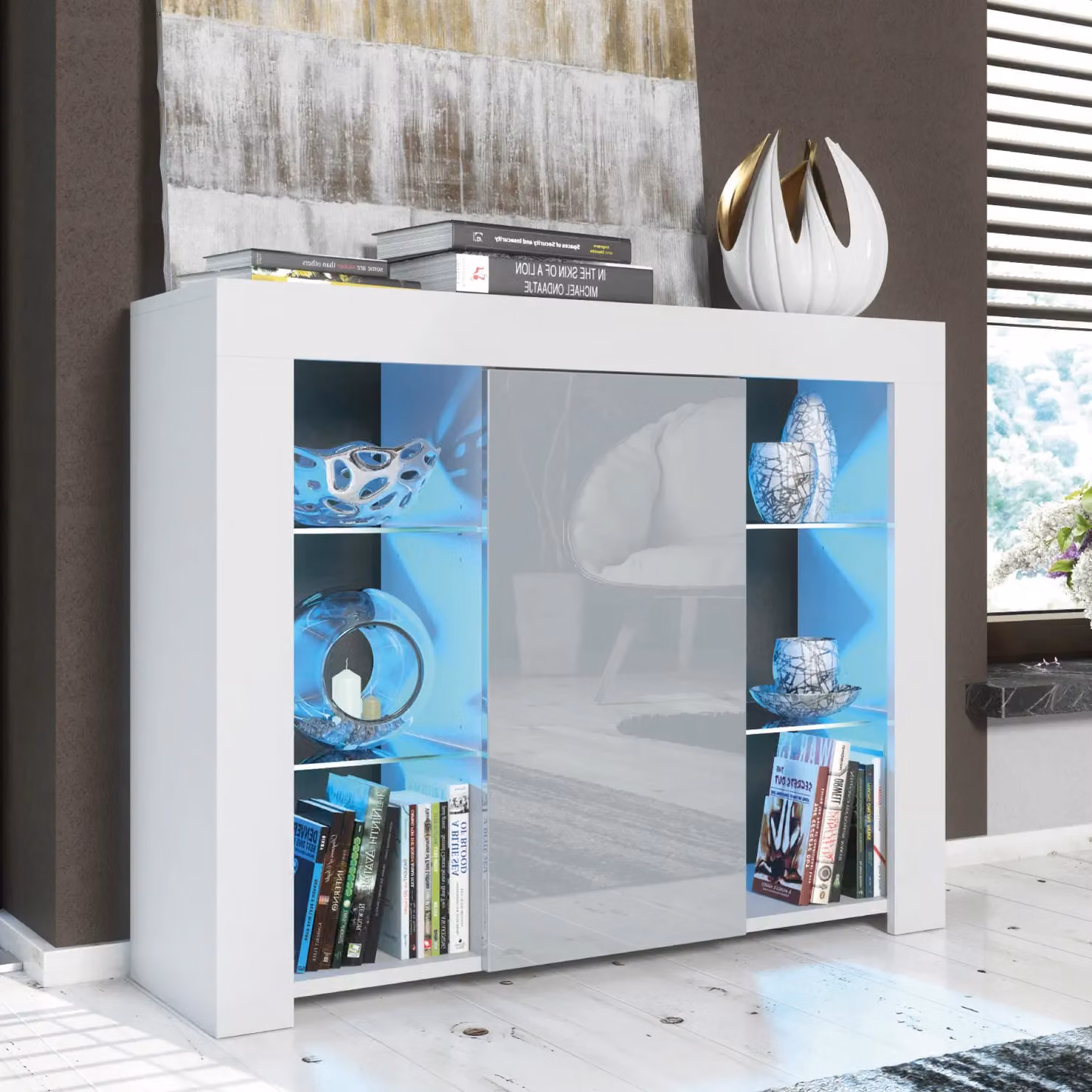 Creative Furniture Harbor Sideboard with Glossy Grey and White Doors and Integrated Lighting W/D/H: 97 x 35 x 83 cm – 4