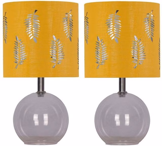 First Choice Lighting Buck Set of 2 Clear Glass Table Lamps with Yellow Ochre Fabric Shades – 1