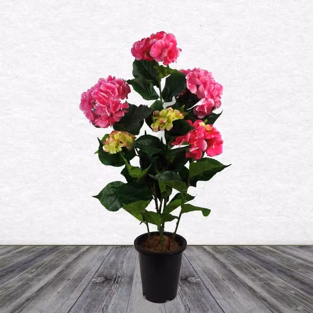 Pink Artificial Hydrangea Flowering Plant in a Black Tabletop Pot