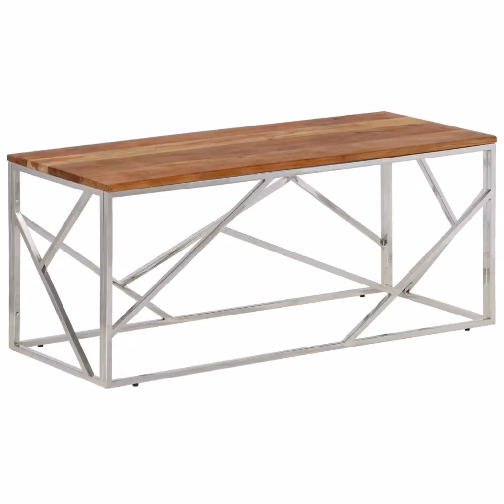 Berkfield Home Modern Square Coffee Table in Silver Stainless Steel and Solid Acacia Wood – 2