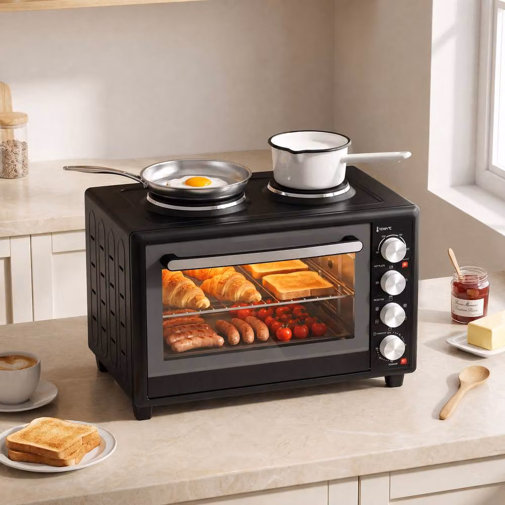 HOMCOM 36L Mini Electric Countertop Oven with Dual Hot Plates and Grill, Black – 2