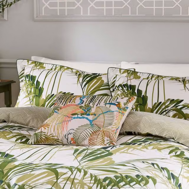 Sanderson Palm House Kingsize Cotton Mako Satin Duvet Cover and Pillowcase Set in Botanical Green