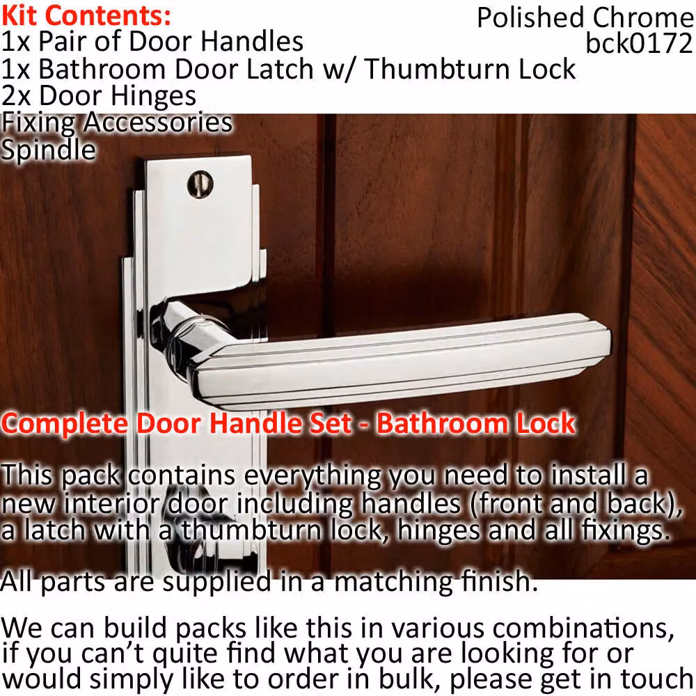 Loops Art Deco Chrome Door Handle and Bathroom Lock Pack with Thumb Turn Backplate – 2