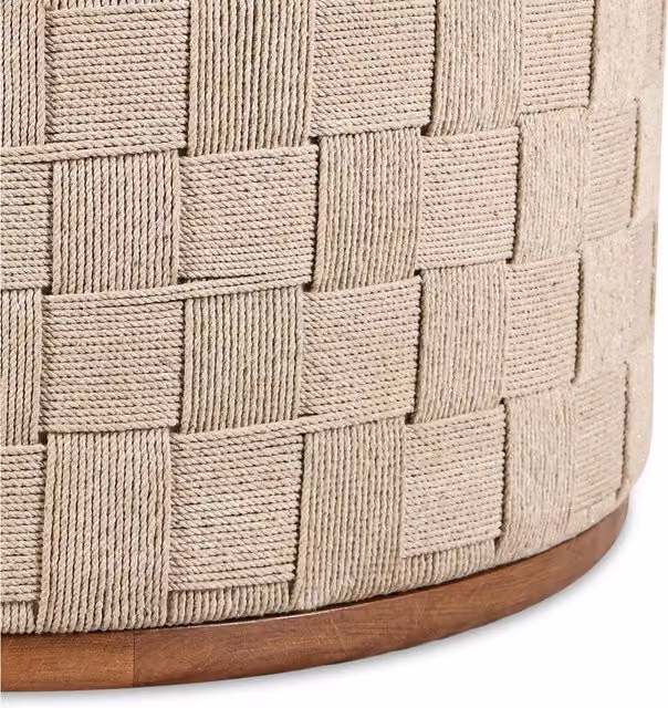 Elm Home And Garden Round Woven Rope Coffee Table with Oak Wood Top in Beige and Brown