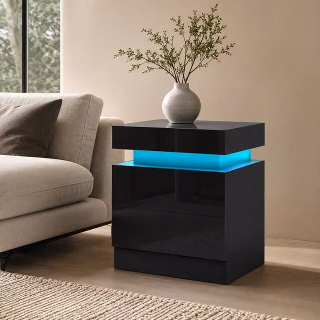 STILVORA Modern Black Glossy Bedside Table with Integrated LED Lighting and 2 Drawers