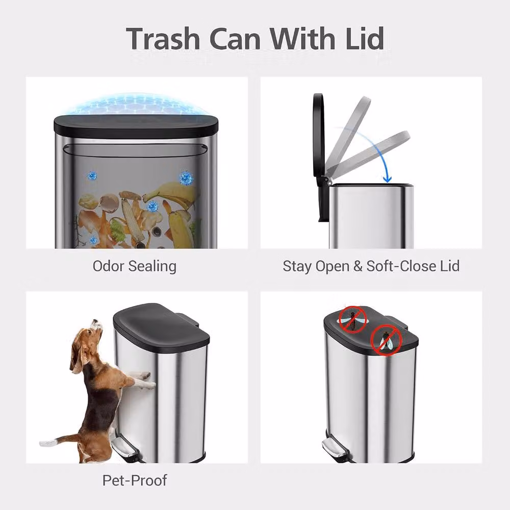 London Boutique 50L Stainless Steel Step Trash Can with Soft-Close Lid and Removable Inner Bucket, Silver – 4