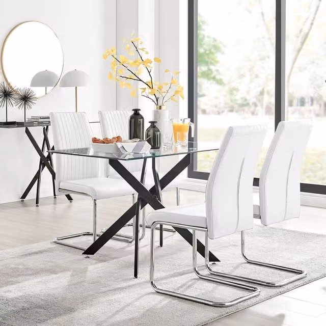 FurnitureboxUK Leonardo Glass Dining Table with Four Lorenzo Chairs in Black and White