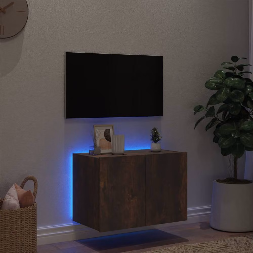 Berkfield Home Modern Wall Mounted TV Cabinet with Integrated LED Lights in Smoked Oak Brown, W: 60 cm, D: 35 cm, H: 41 cm – 3
