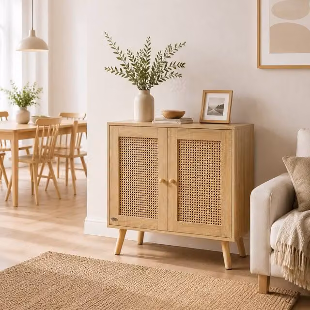 Abrihome Modern Rattan Sideboard Cabinet with Adjustable Shelf in Sand Beige