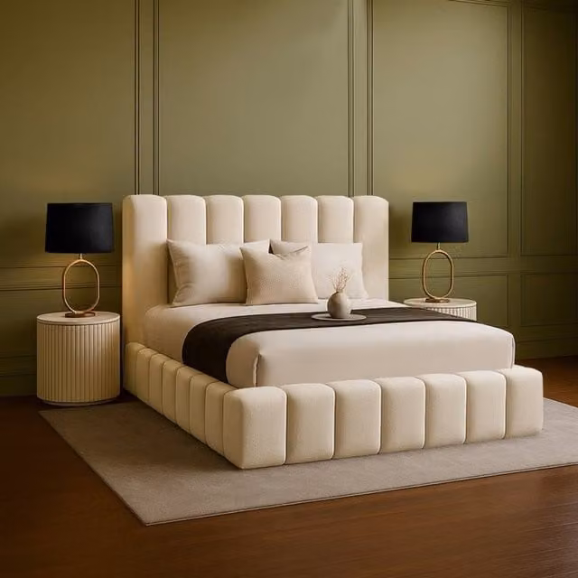 Desire Deco Daisy Upholstered Plush Velvet Bed Frame in Beige – 1