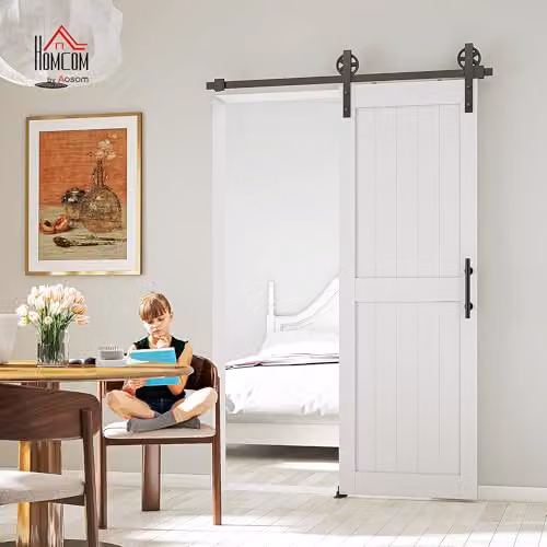 HOMCOM White Sliding Barn Door Kit with Industrial Hardware – 2