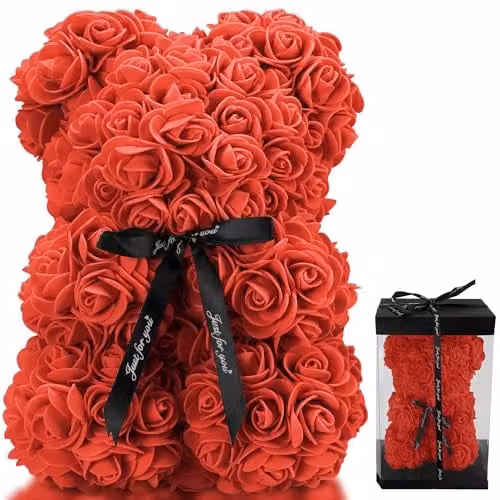 TANNESS Red Rose Bear with Transparent Gift Box and Black Ribbon, 25 cm