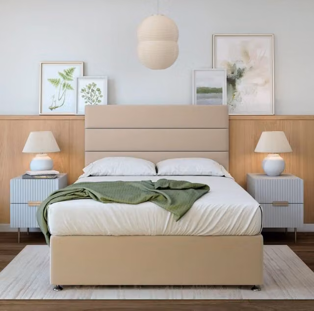 Bedmaster Double Plush Velvet 4 Drawer Divan Base and Lined Headboard in Natural, W/D/H: 140 x 200 cm
