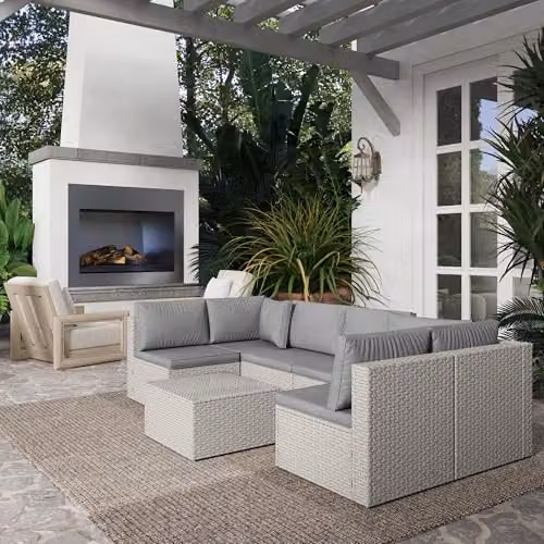 Outsunny 7 Piece Grey Rattan Garden Furniture Set with Upholstered Cushions and Coffee Table for 6 Adults – 8