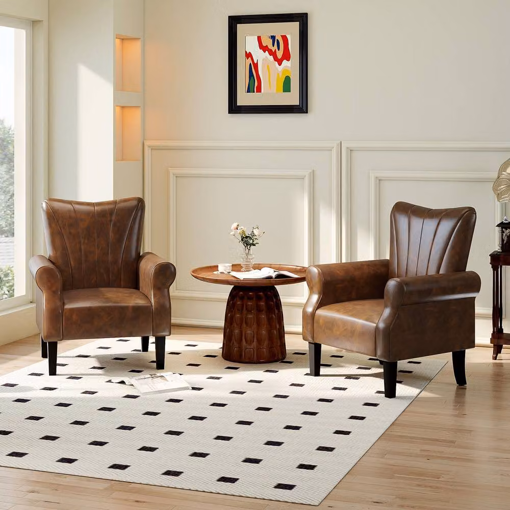 STILVORA Classic Lounge Armchair with Solid Wood Frame and Brown Synthetic Leather – 7