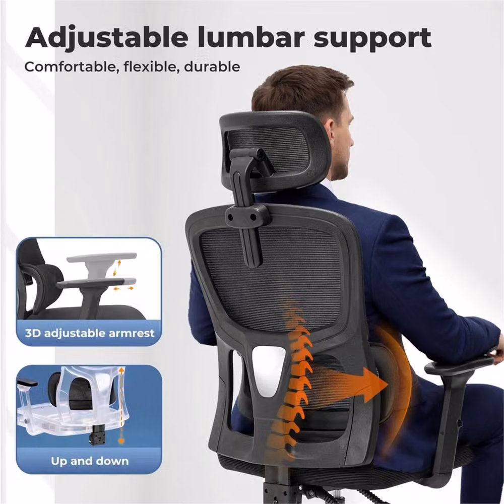 Nordara Ergonomic Mesh Office Chair in Black with Headrest and 3D Armrests, H 100 cm x W 60 cm x D 60 cm – 3