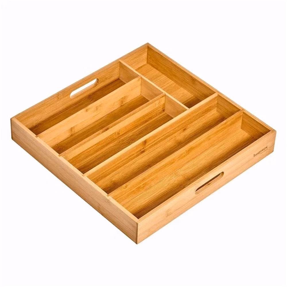 VOGREX 6 Compartment Bamboo Kitchen Cutlery Drawer Organiser, Beige – 2