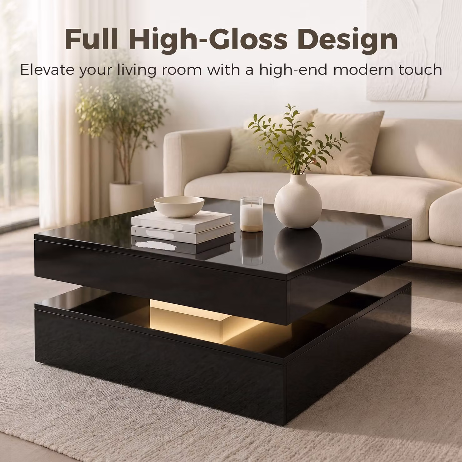 HOMCOM Modern 2-Tier LED Coffee Table with Storage and Open Shelf in High Gloss Black – 5