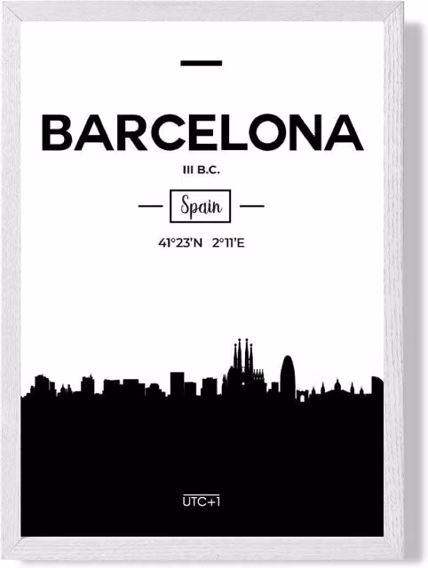 ARTZE Barcelona Black and White City Skyline Framed Print with White Frame