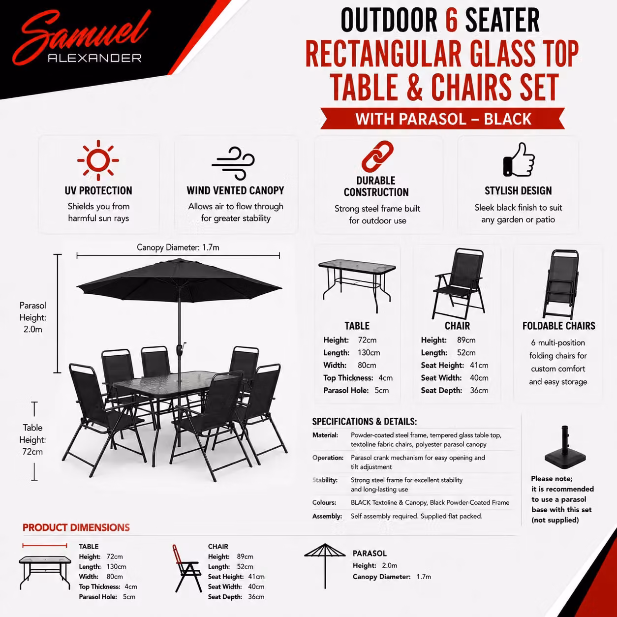 Samuel Alexander 6 Seater Black Glass Top Patio Set with Table and Chairs – 4