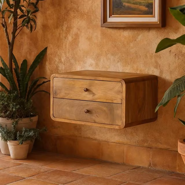 Wyld Haus Gradara 2 Drawer Floating Bedside Table in Brown Natural Oak and Mango Wood W/D/H: 45 x 32 x 25 cm