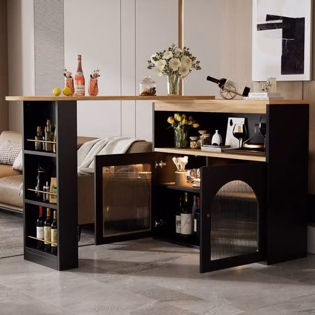 ModernLuxe Rotating Bar Cabinet in Black with LED Lighting and 2 Doors