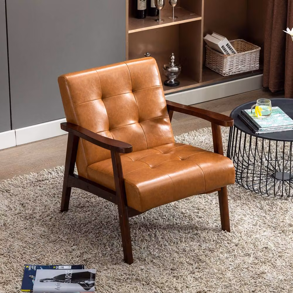 HomeMiYN Vintage Faux Leather Armchair with Solid Wood Legs in Burnt Orange – 2