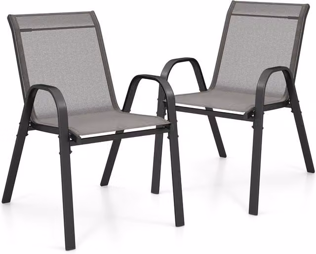 COSTWAY Set of 2 Modern Grey Metal Patio Chairs with Armrests and Textilene Fabric