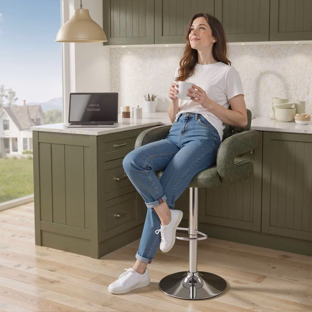 STILVORA Height Adjustable Swivel Bar Stool in Green Synthetic Leather with Armrests – 2