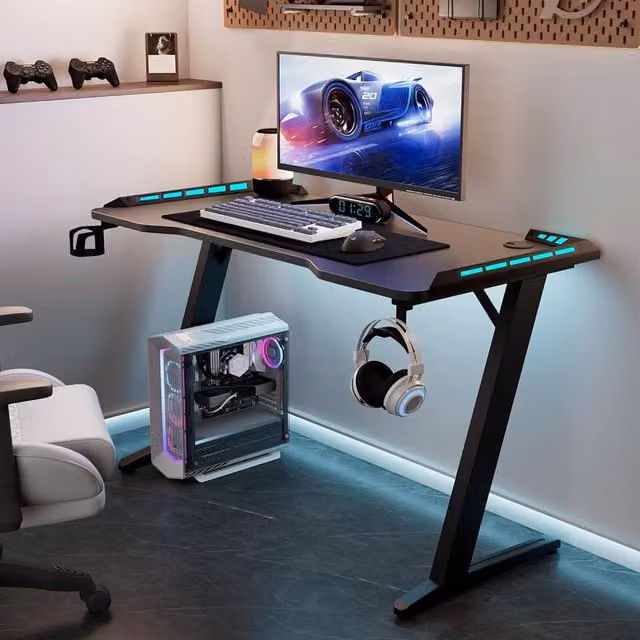 KEEPREAPER Modern Black Gaming Desk with LED Lights and Cup Holder, W: 155.0 cm, D: 60.1 cm, H: 76.7 cm