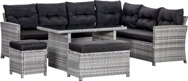 Outsunny 5-Piece L-Shape Rattan Patio Furniture Set in Grey with 3-Seater Sofa, Ottoman, Coffee Table and Cushions