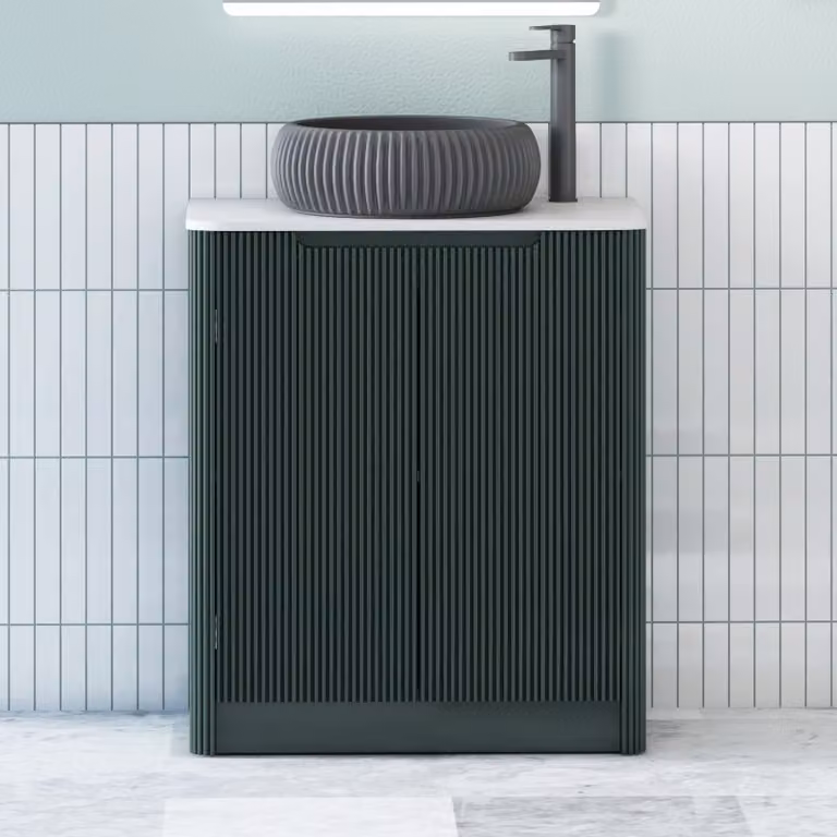 Royal Bathrooms Avenza Floor Standing 2 Door Vanity Unit in Moss Green with Plain White Worktop and Milan Black Basin, Depth: 60 cm