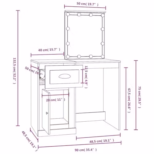 vidaXL Modern Black Dressing Table with Hollywood LED and Engineered Wood, W/D/H: 90 x 50 x 132.5 cm – 3