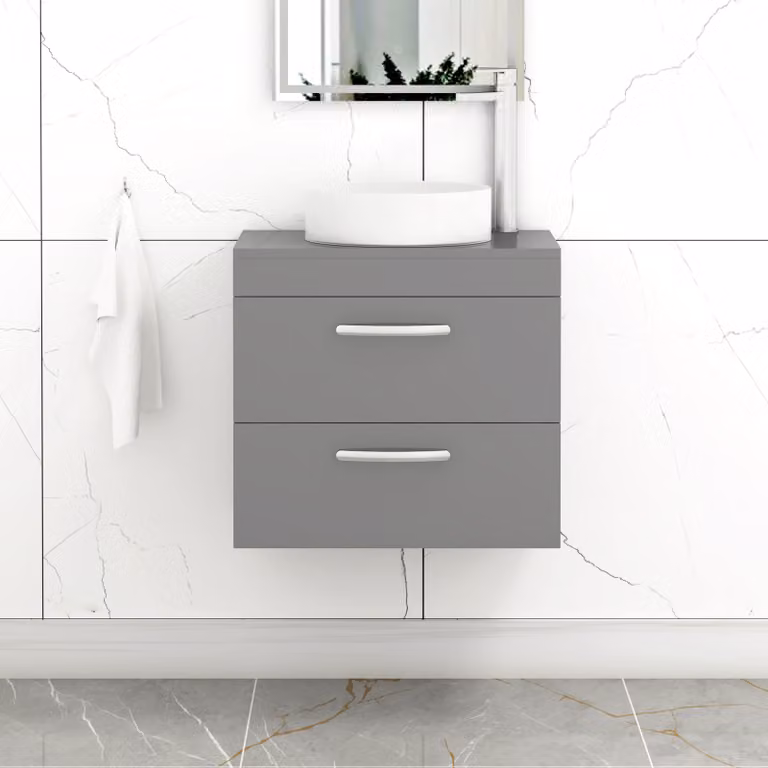 Royal Bathrooms Turin 600mm Wall Hung Vanity Unit with 2 Drawers and Countertop Basin in Indigo Grey Gloss