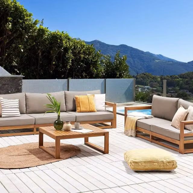 Wyld and Coco Everwood 5 Seater Acacia Outdoor Sofa Set with Coffee Table in Brown and Taupe