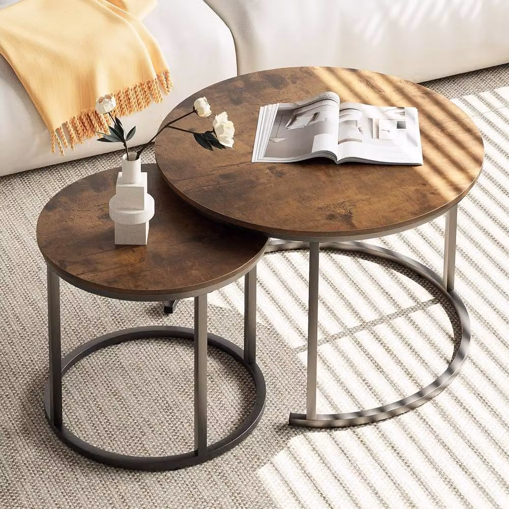 Huhote Set of 2 Round Nesting Side Tables with Brown Metal Frame – 2