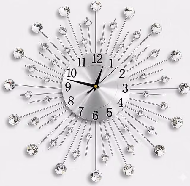 Crystals Diamante Beaded Sunburst Wall Clock in Metallic Silver, Diameter: 48 cm