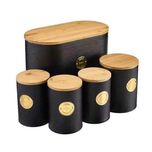 Cooks Professional 5 Piece Ribbed Stainless Steel Kitchen Storage Canister Set with Airtight Bamboo Lids in Black and Gold – 1