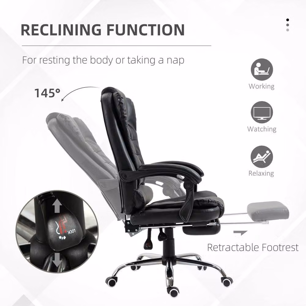 Rolipo Black PU Leather Reclining Executive Office Chair with Footrest and Headrest – 6
