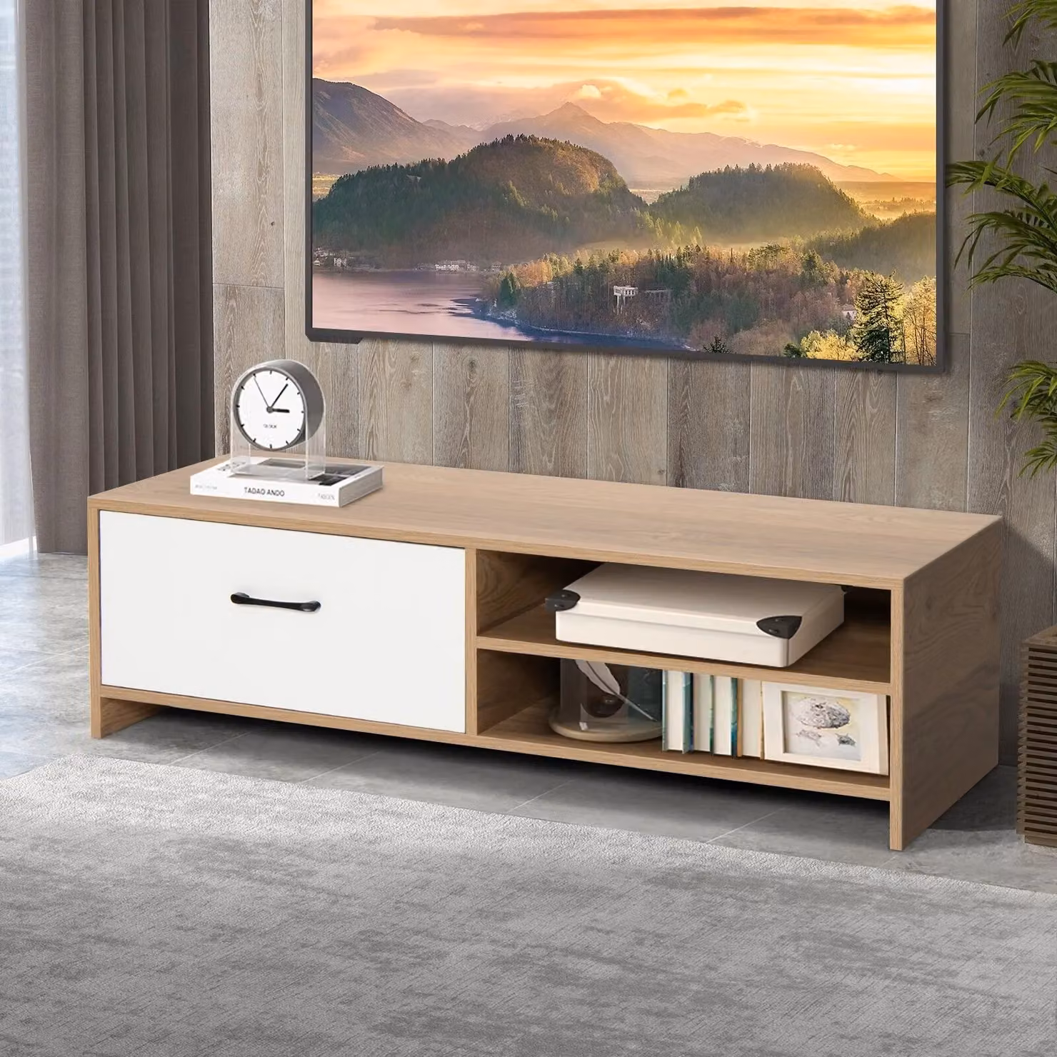 Costway Wooden TV Stand for up to 55 Inch TVs with 2 Open Shelves and 1 Drawer in Natural – 4