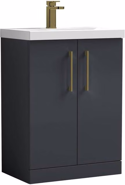 Balterley Grey Freestanding Bathroom Floor Vanity with Ceramic Basin and Soft Close Doors, Width: 60 cm
