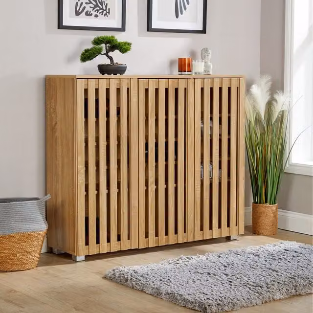 Home Source Halden 3 Door Slatted Front Shoe Storage Cabinet in Oak Effect