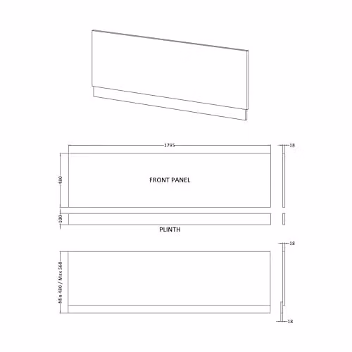 Balterley Woodgrain Black Bath Panel with Plinth, W: 179.5 cm, H: 56.0 cm, D: 18.8 cm