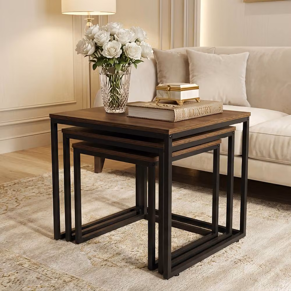 Alivio 3-Piece Industrial Nesting Coffee Table Set with Wood Tops and Black Metal Sled Base, Brown – 5