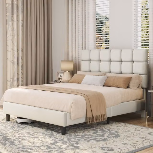 Yaheetech Modern Upholstered PU Leather Platform Bed with Square Tufted Headboard, White, W/D/H: 180 x 200 cm